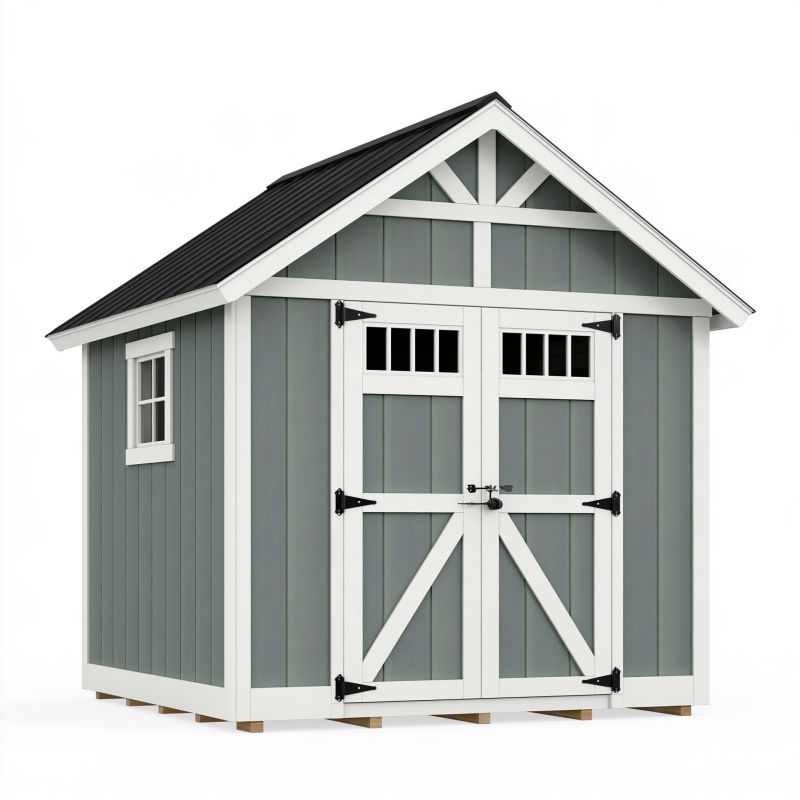 Abri de jardin 240 x 180 x 250 cm en bois gris et blanc avec double porte