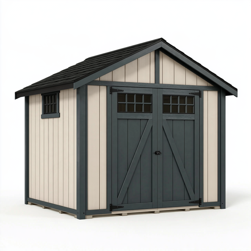 Abri de jardin 200 x 120 x 190 cm en résine beige anthracite à double porte style chalet