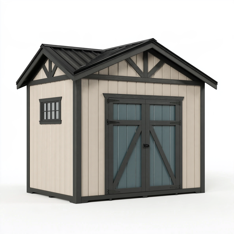Abri de jardin 200 x 150 x 200 cm en bois beige et noir avec double porte et fenêtre
