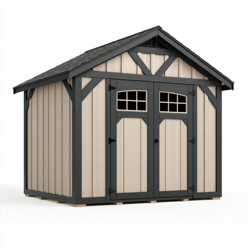 Abri de jardin 200 x 180 x 220 cm en résine beige et noir à double porte style chalet