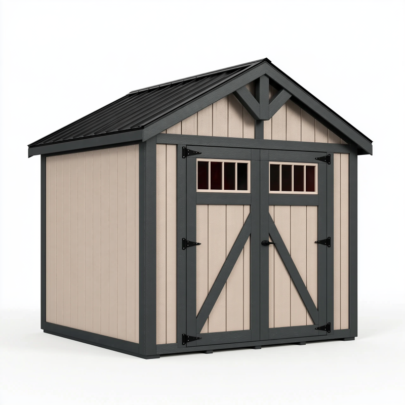 Abri de jardin 213 x 191 x 226 cm en résine beige et anthracite à double porte style grange
