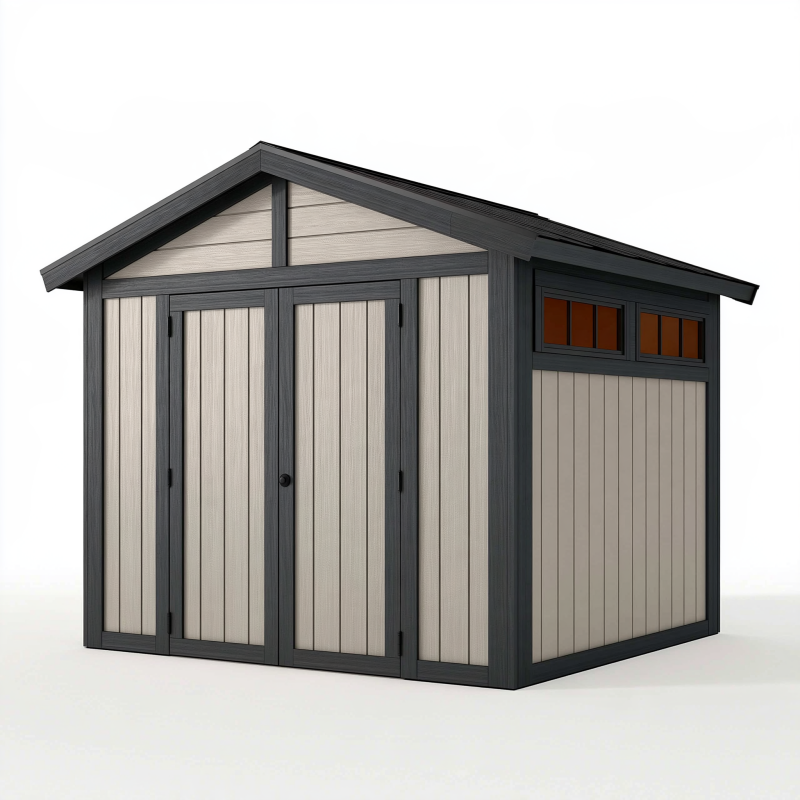 Abri de jardin 180 x 100 x 190 cm en résine beige anthracite avec double porte et fenêtre