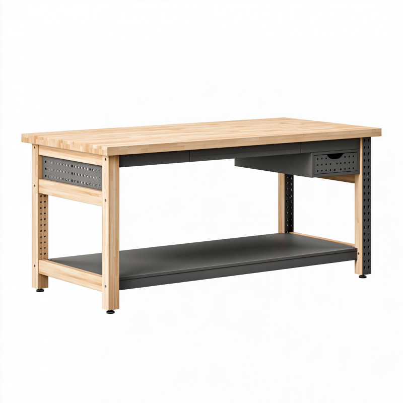 Établi 152 x 61 x 91 cm en bambou et acier noir avec tiroirs et étagère