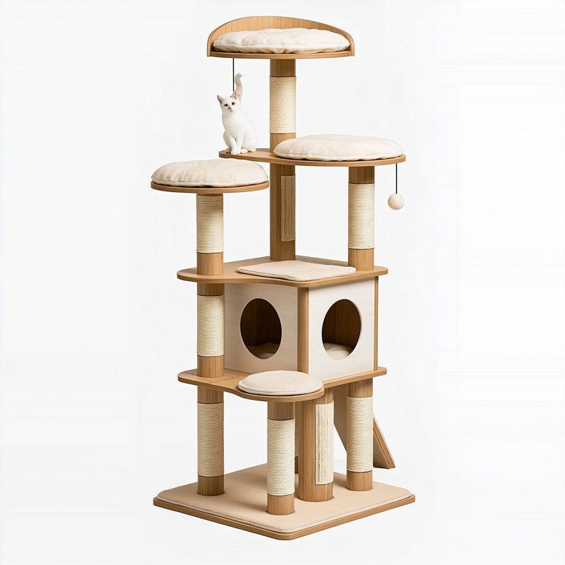 Arbre à chat 60 x 60 x 170 cm en bois beige avec griffoirs plateformes et niche