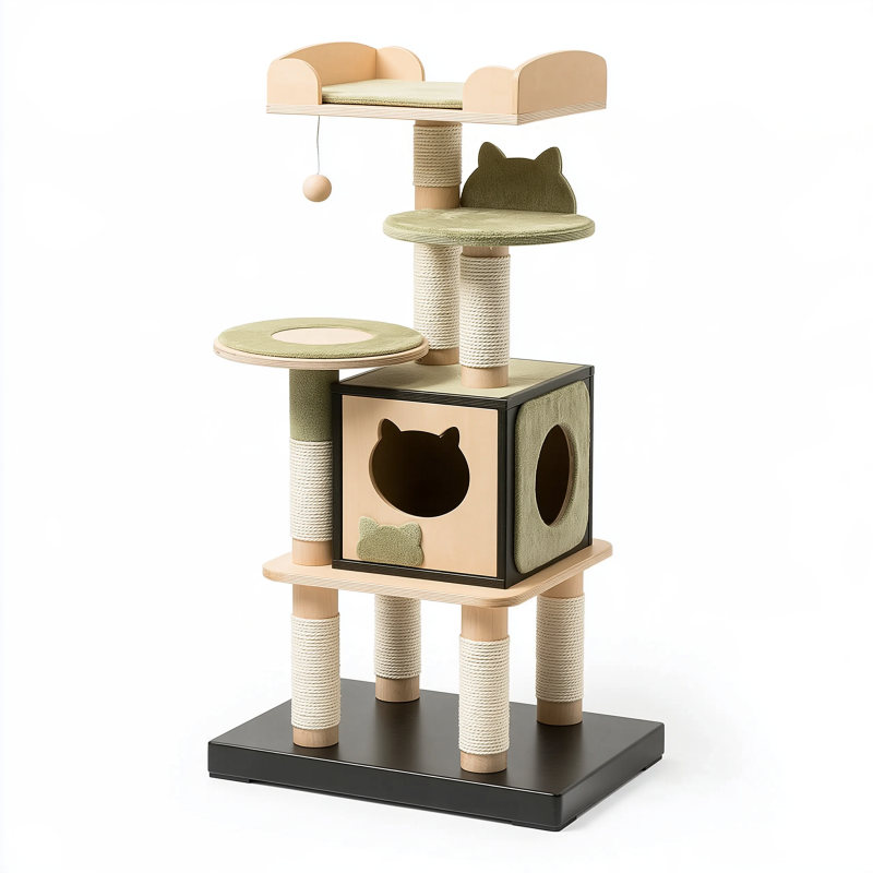 Arbre à chat 60 x 50 x 150 cm en bois beige et vert avec griffoirs et niche