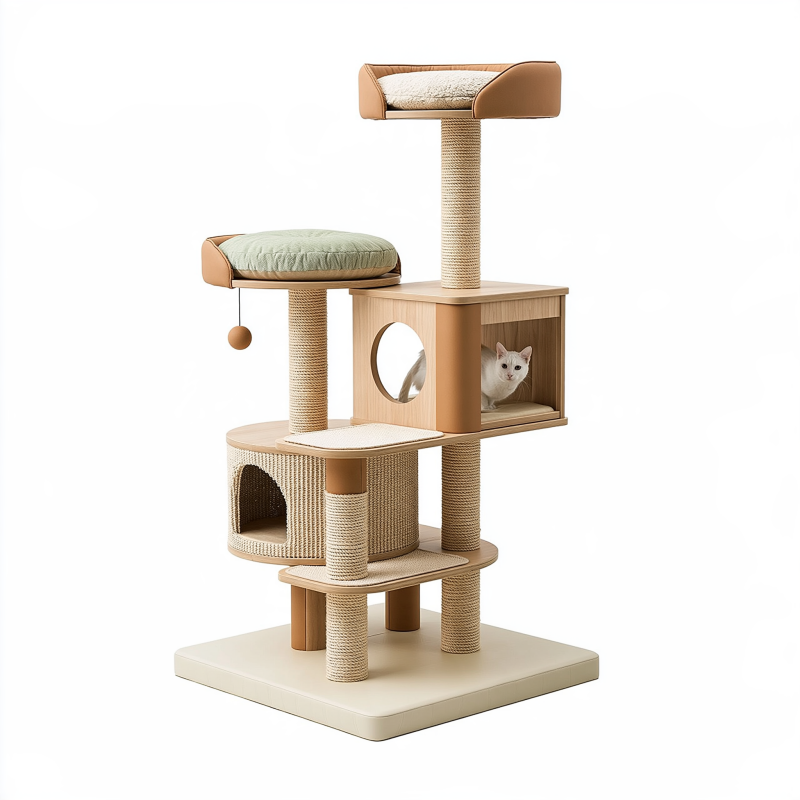 Arbre à chat 60 x 60 x 150 cm en bois beige et marron avec griffoirs et plateformes