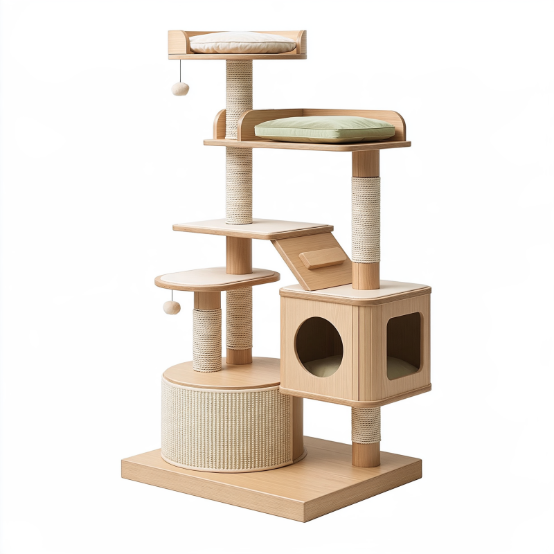 Arbre à chat 60 x 60 x 180 cm en bois beige et vert avec griffoirs plateformes et niche