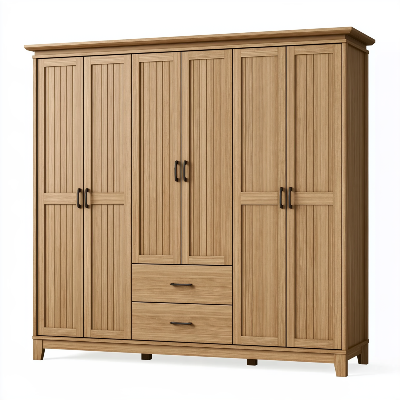 Armoire de rangement 180 x 60 x 200 cm aspect chêne à 4 portes et 2 tiroirs style classique