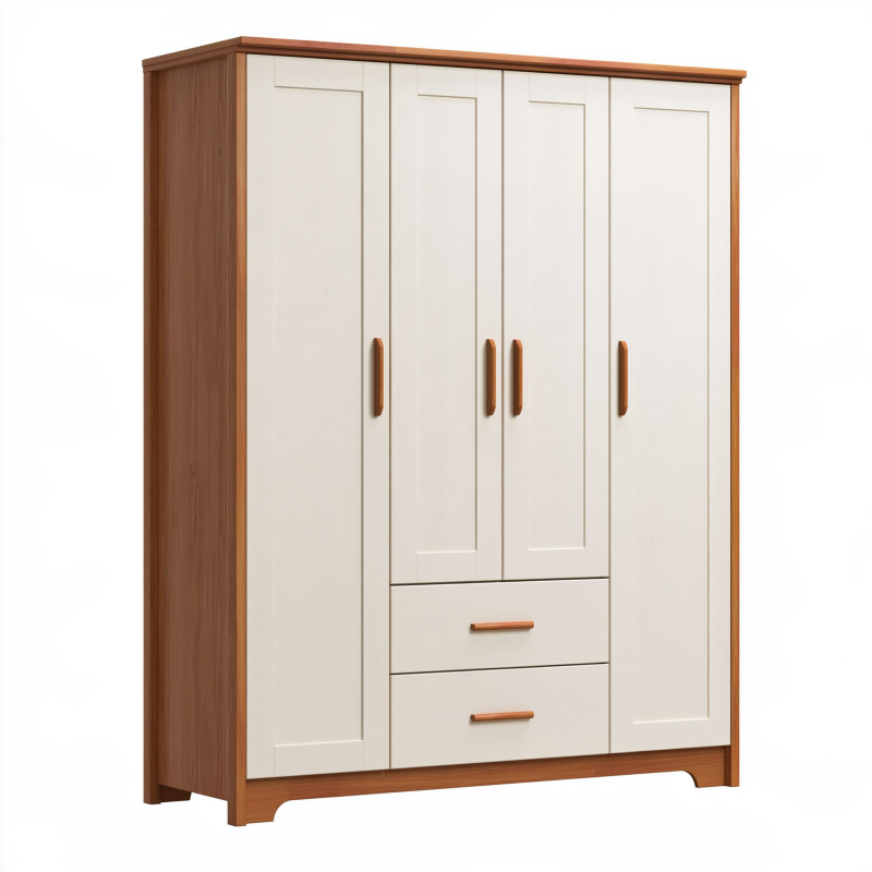 Armoire 4 portes 160 x 52 x 200 cm en panneaux de bois marron et blanc cassé avec 2 tiroirs style contemporain