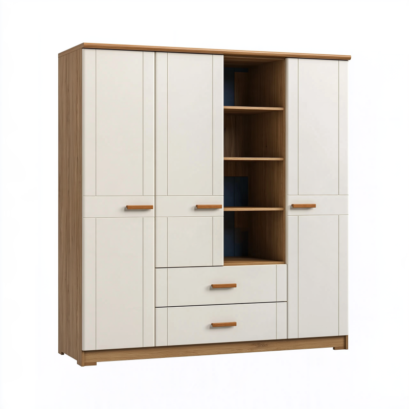Armoire 180 x 52 x 200 cm en panneaux de bois blanc et brun avec étagères et tiroirs