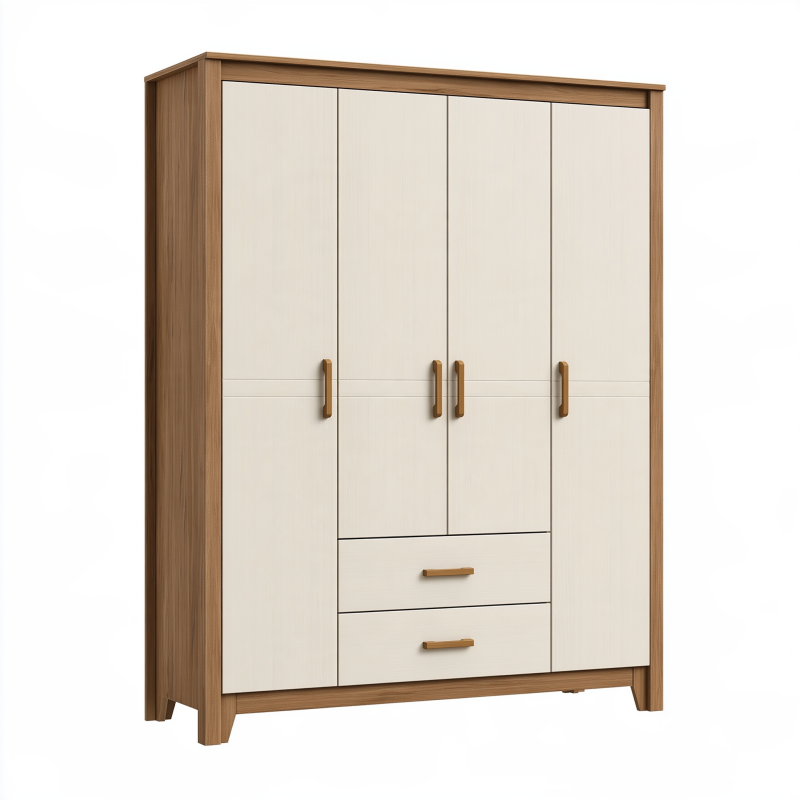 Armoire 160 x 52 x 200 cm en panneaux de bois blanc et bois naturel avec 4 portes et 2 tiroirs