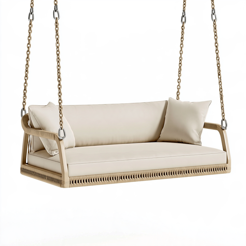 Balancelle suspendue 190 x 80 x 55 cm en rotin beige pour terrasse avec chaînes