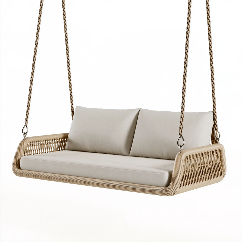 Balancelle de jardin suspendue 150 cm en rotin synthétique beige avec cordes