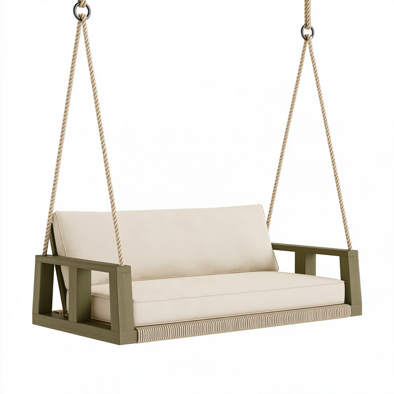 Balancelle de jardin 130 x 75 x 180 cm en bois vert kaki et tissu beige suspendue