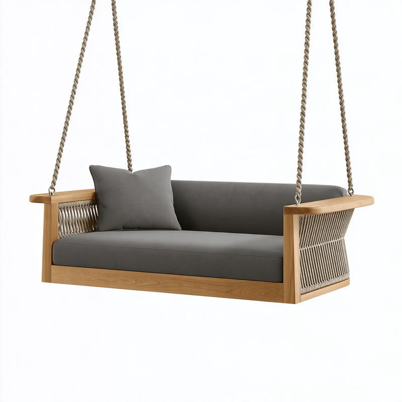 Balancelle de jardin 180 x 75 x 65 cm en bois et corde gris style contemporain