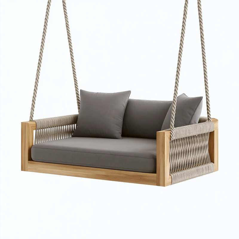 Balancelle suspendue de jardin 140 x 75 x 180 cm en bois et corde gris naturel 2 places