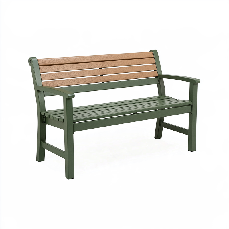 Banc de jardin 120 cm vert et marron en métal et plastique effet bois avec accoudoirs