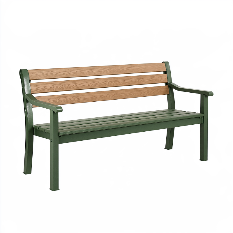 Banc de jardin 150 x 60 x 85 cm en métal vert et lattes effet bois avec accoudoirs