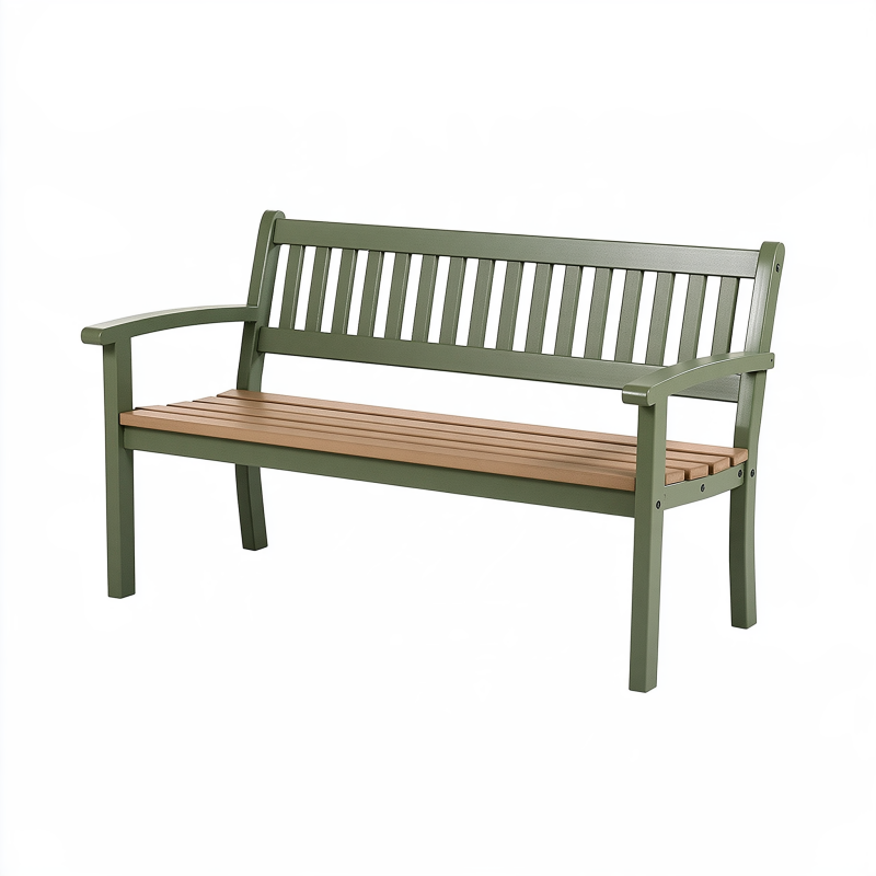 Banc de jardin 120 cm en acier vert et bois à dossier ajouré