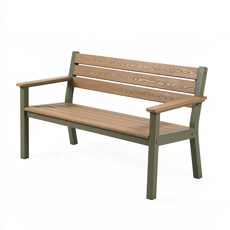 Banc de jardin 120 x 60 x 85 cm en métal et lattes aspect bois marron kaki avec accoudoirs