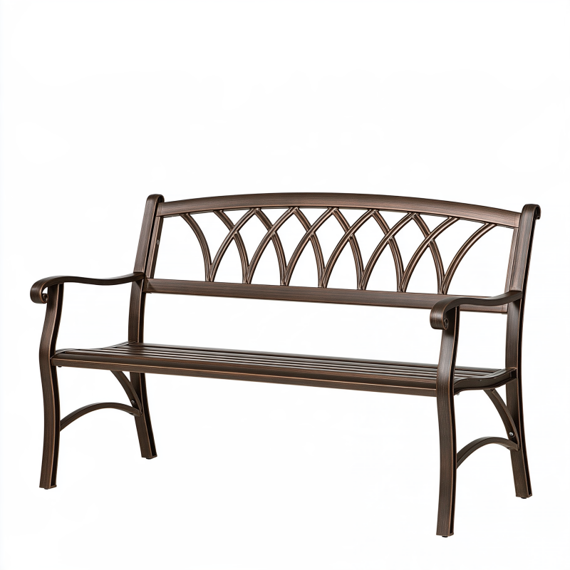 Banc de jardin 122 cm en métal brun avec accoudoirs style classique