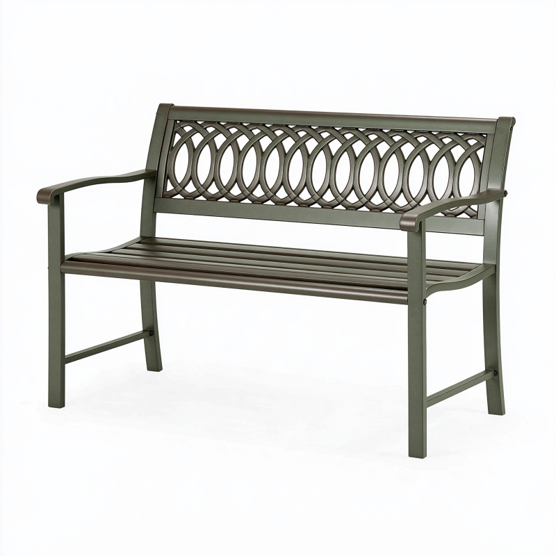 Banc de jardin 122 cm en métal vert olive à dossier ajouré