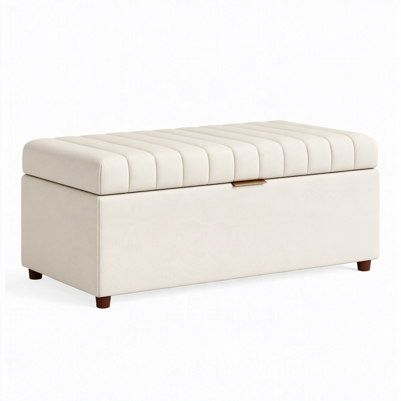Banc coffre 120 x 45 x 46 cm en tissu écru avec assise capitonnée style contemporain