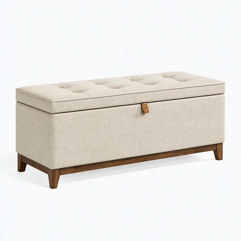 Banc coffre de rangement 120 cm en tissu beige et bois marron capitonné