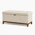 Banc coffre 120 cm en tissu beige avec pieds en bois et assise capitonnée