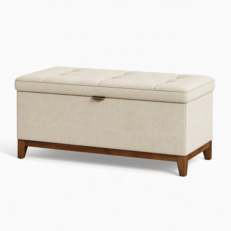 Banc coffre 120 cm en tissu beige avec pieds en bois et assise capitonnée