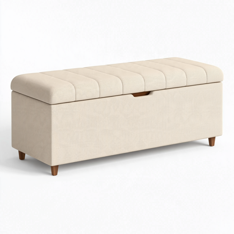 Banc coffre 120 x 45 x 48 cm en tissu beige avec pieds en bois style contemporain